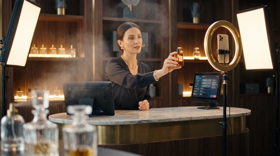 Set principal durante transmissão de venda de fragrâncias: apresentadora demonstra perfume para smartphone vertical com equipe de produção ao redor
