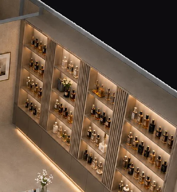 Acervo iluminado de fragrâncias em prateleiras