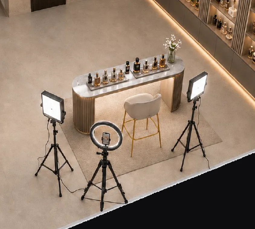 Set principal de livestream: bancada com perfumes, ring light, painéis de LED e smartphone vertical