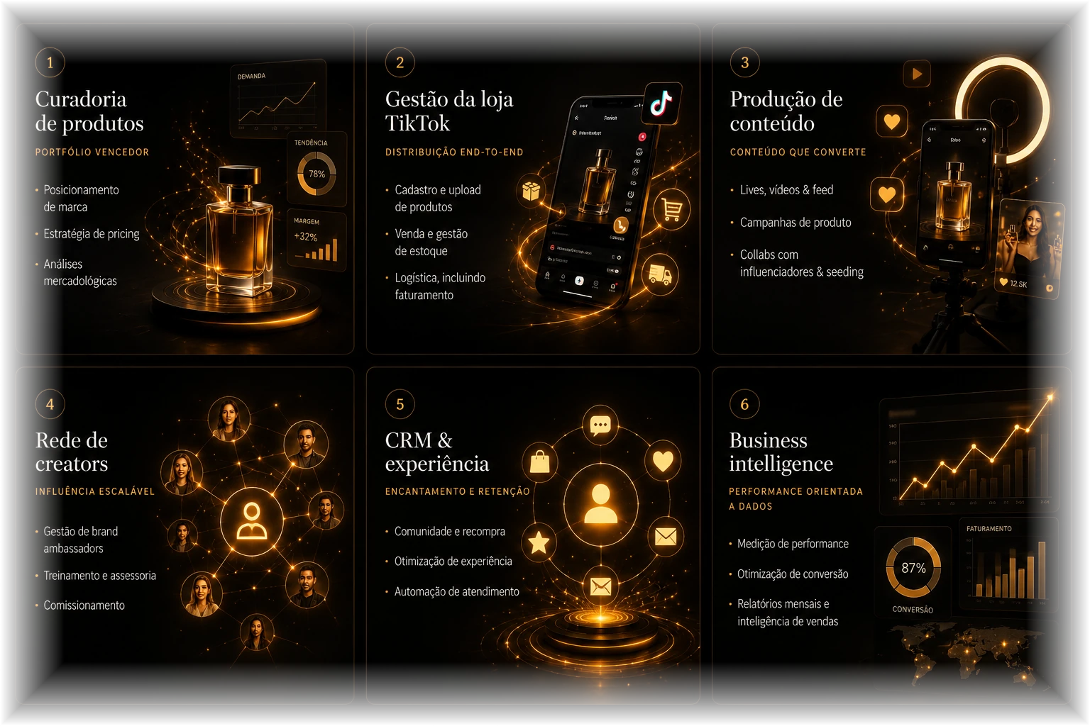 Seis frentes da plataforma TokTok: (1) Curadoria de produtos — posicionamento de marca, estratégia de pricing, análises mercadológicas; (2) Gestão da loja TikTok — cadastro e upload de produtos, venda e gestão de estoque, logística incluindo faturamento; (3) Produção de conteúdo — lives, vídeos e feed, campanhas de produto, collabs com influenciadores e seeding; (4) Rede de creators — gestão de brand ambassadors, treinamento e assessoria, comissionamento; (5) CRM e experiência — comunidade e recompra, otimização de experiência, automação de atendimento; (6) Business intelligence — medição de performance, otimização de conversão, relatórios mensais e inteligência de vendas